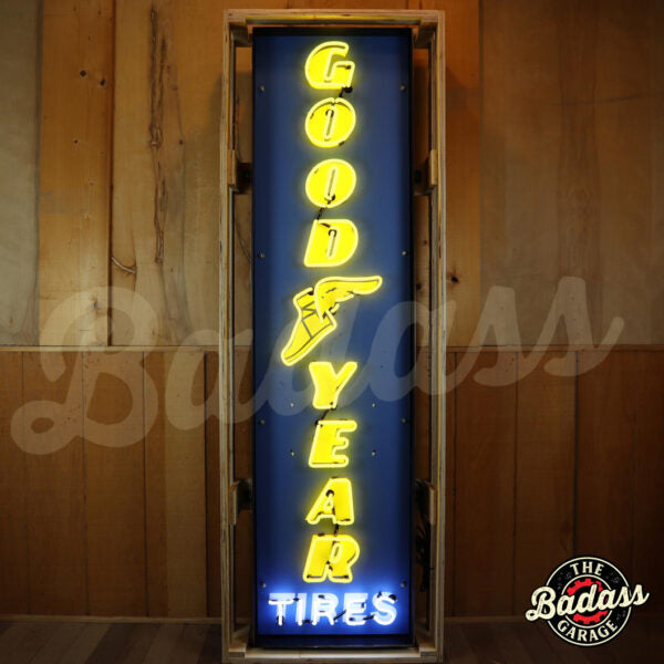 Goodyear Vertical Neon Sign In Steel Can Badass Garage