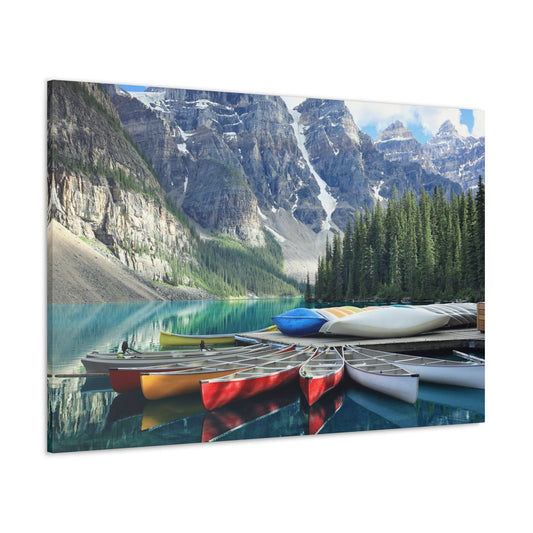 Moraine Lake, Alberta Canoes Canvas Gallery Wraps