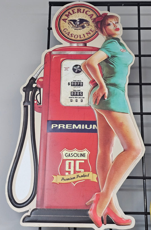 Vintage Gas Pump Redhead Pinup Girl Sign