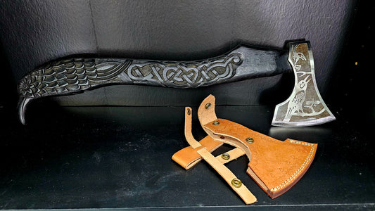 Hand Forged Carbon Steel axe hand carved bird handle