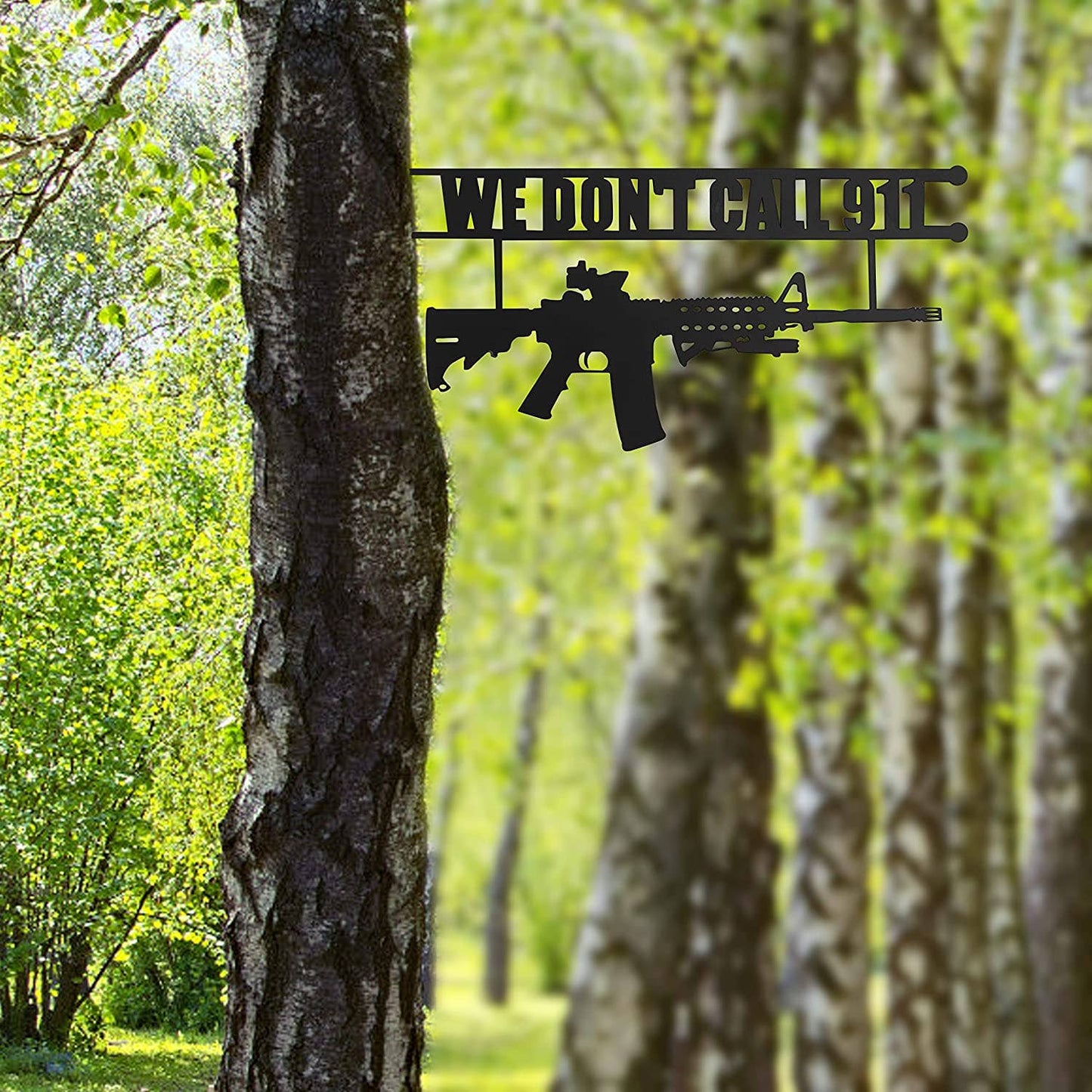 Metal No Trespassing Sign "We Don't Call 911" Gun Metal Door The Wine Savant / Khen Glassware
