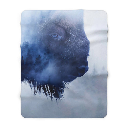 Double exposure of Bison with a smoky pine forest Sherpa Fleece Blanket