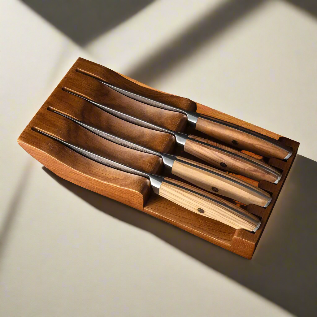 Ginza Steel AMELIA Five – 4-Piece VG10 Damascus Steel Steak Knife Set with Wood Block Ginza Steel
