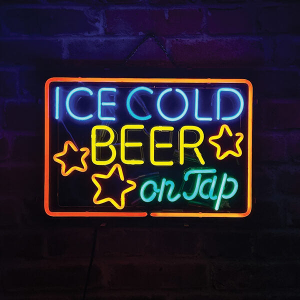 Ice Cold Beer On Tap Neon Sign – 20″ Wide with Gloss Black Backplane Badass Garage