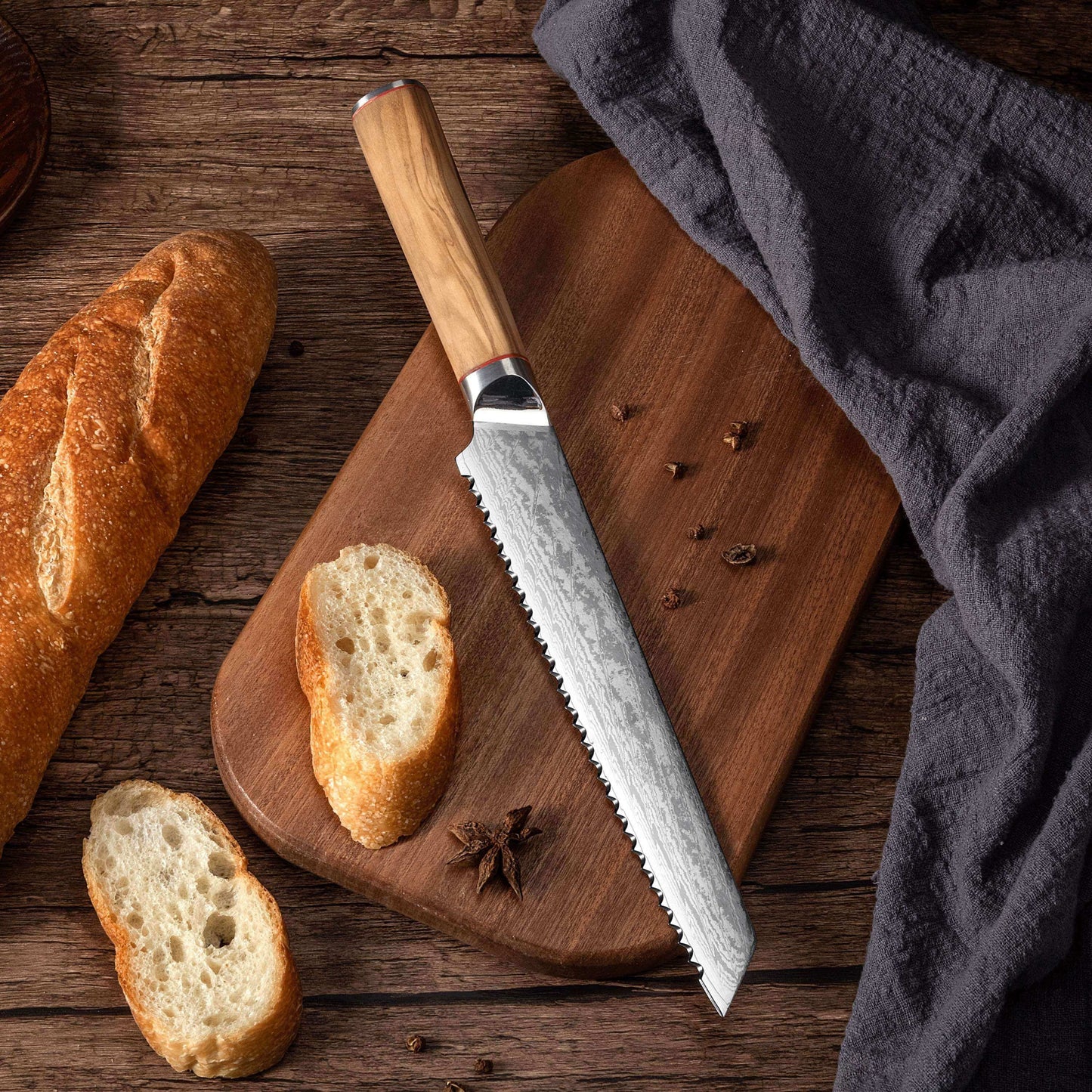 MIA Z | BREAD KNIFE 8" Damascus AUS10 Steel 67 Layer / Olive Wood handle Ginza Steel