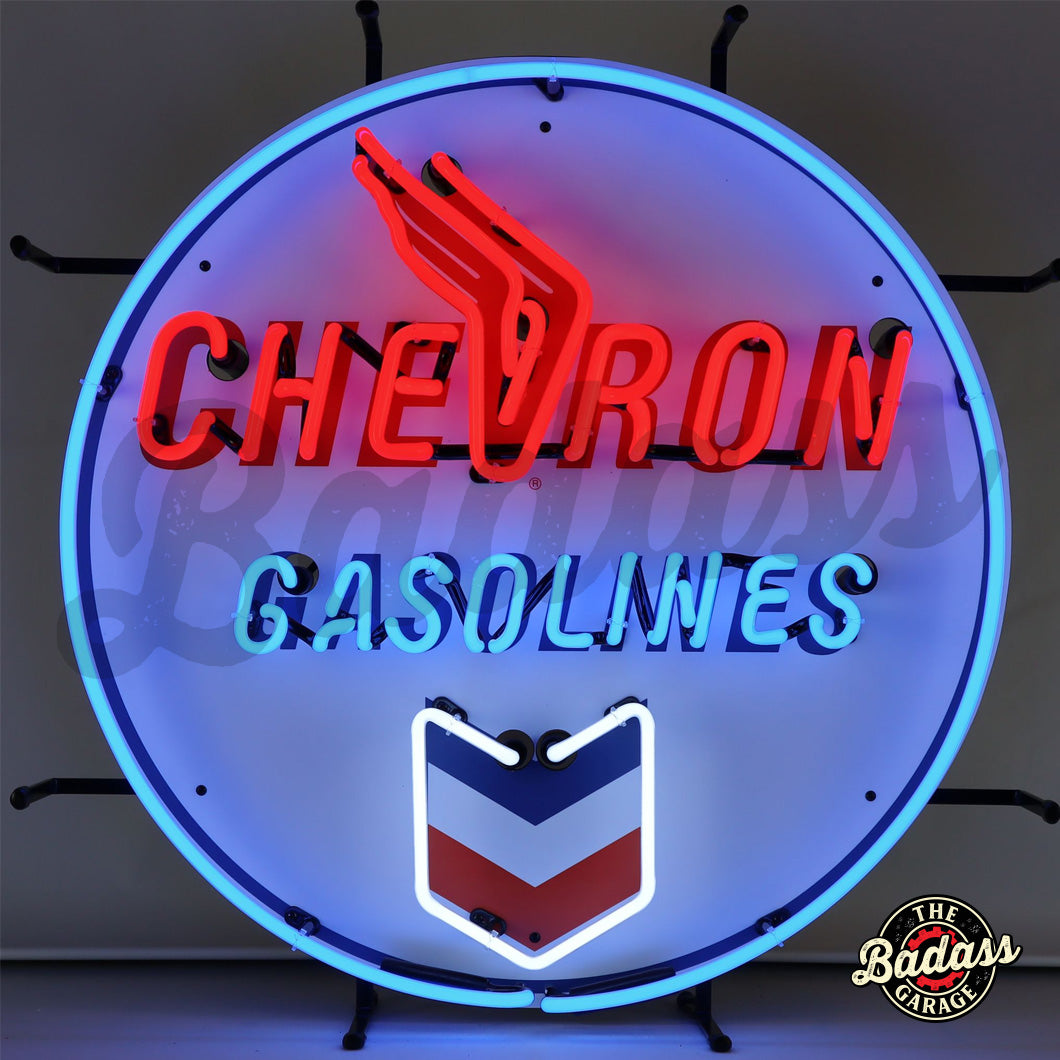 Chevron Gasolines Round Neon Sign Badass Garage