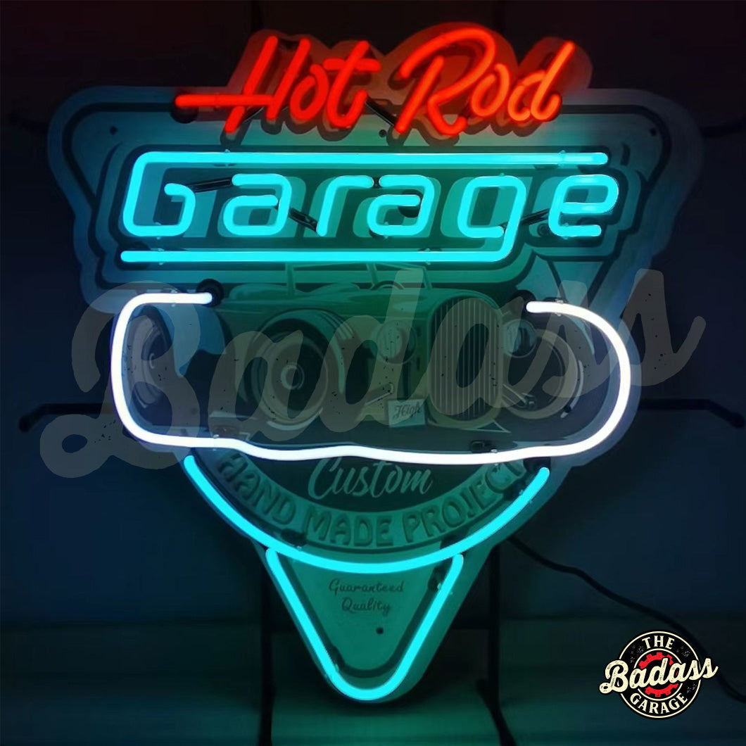 Hot Rod Garage Teal Neon Sign With Backing Badass Garage