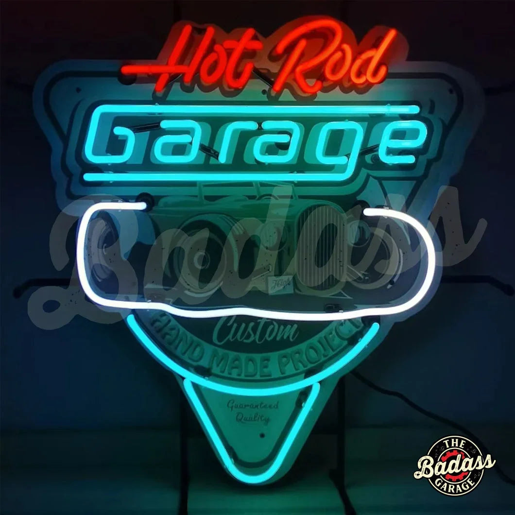Hot Rod Garage Teal Neon Sign With Backing Badass Garage