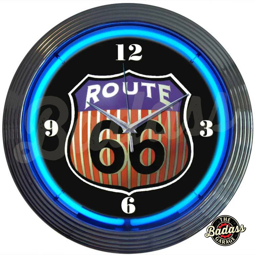 Route 66 Round Neon Clock Badass Garage