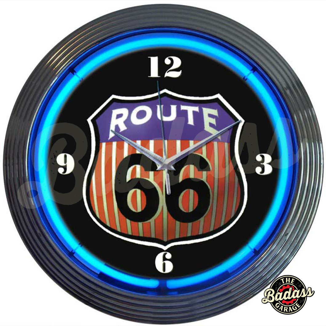 Route 66 Round Neon Clock Badass Garage