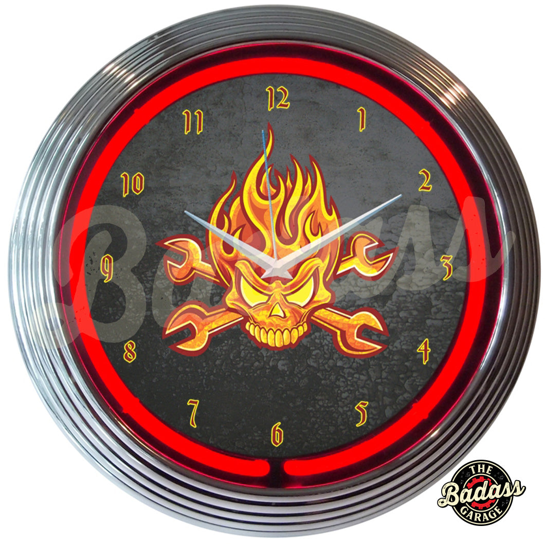 Mechanic Fire Skull And Wrenches Neon Clock Badass Garage