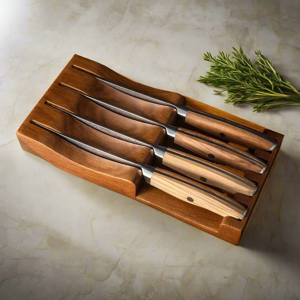 Ginza Steel AMELIA Five – 4-Piece VG10 Damascus Steel Steak Knife Set with Wood Block Ginza Steel