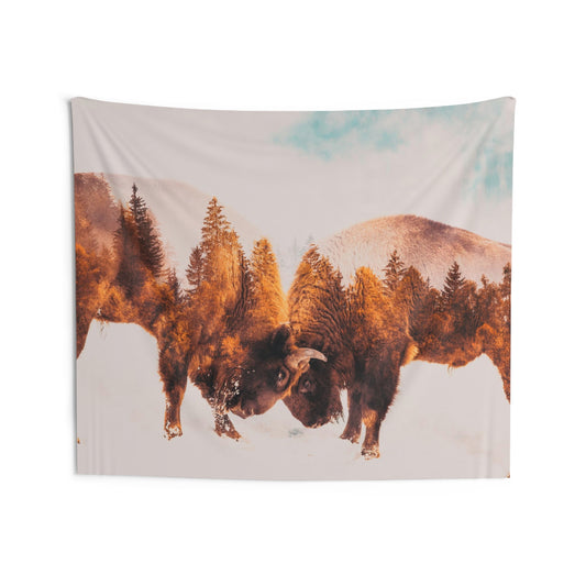 Double Exposure Buffalo in the wild Indoor Wall Tapestries