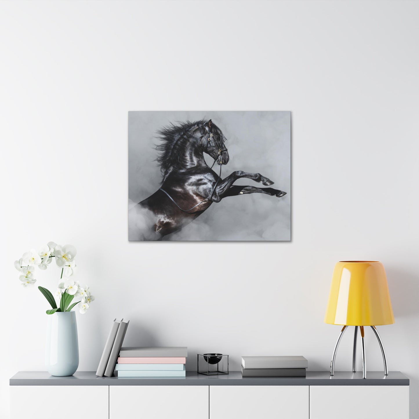 Black Horse rearing in Fog - Canvas