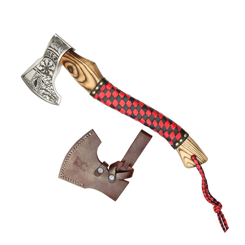 17 1/2" Viking Axe with Black and Red Pattern Wood Handle