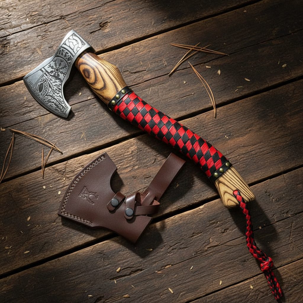 17 1/2" Viking Axe with Black and Red Pattern Wood Handle