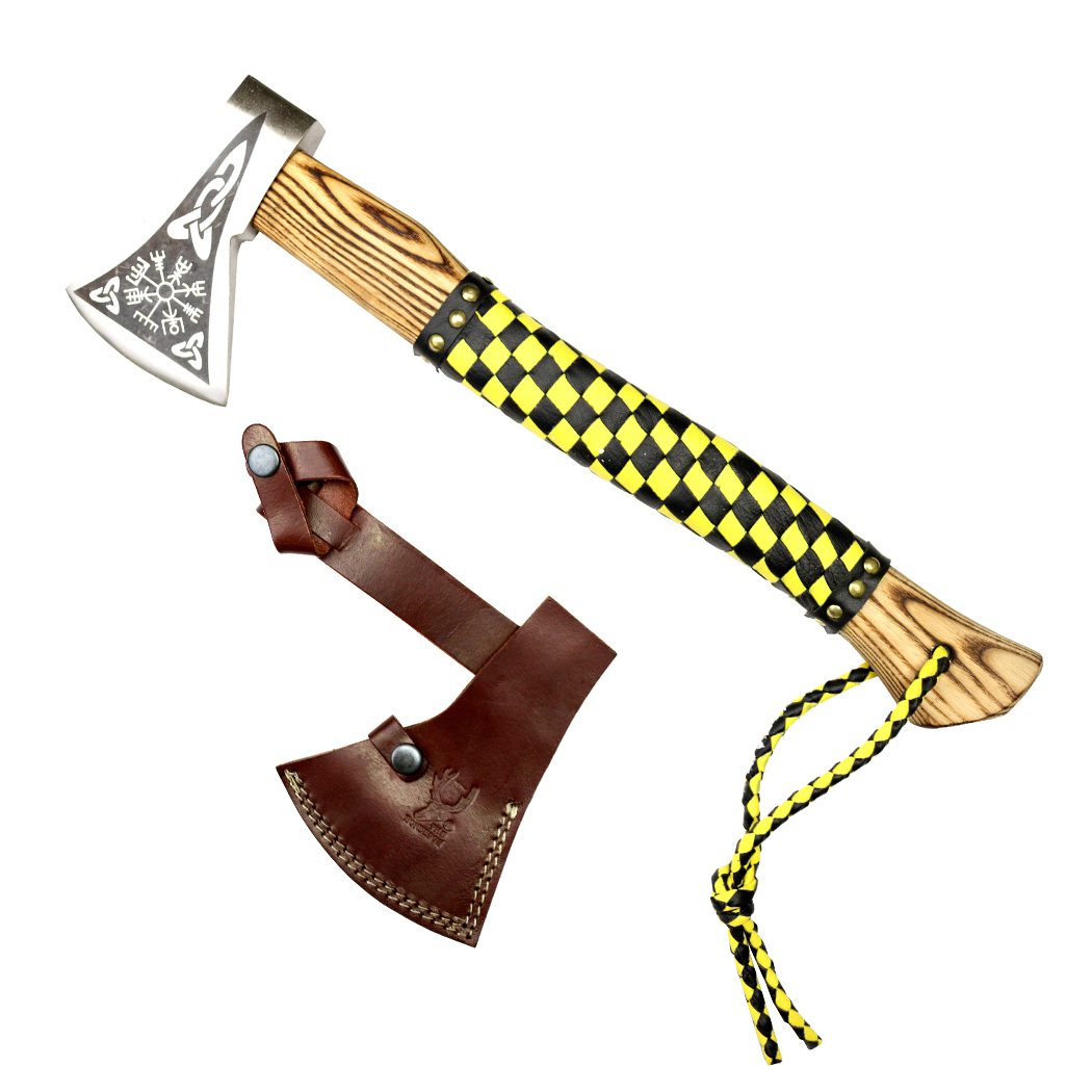 17 1/2" Viking Axe with Wood Handle Black / Yellow Pattern (13914)