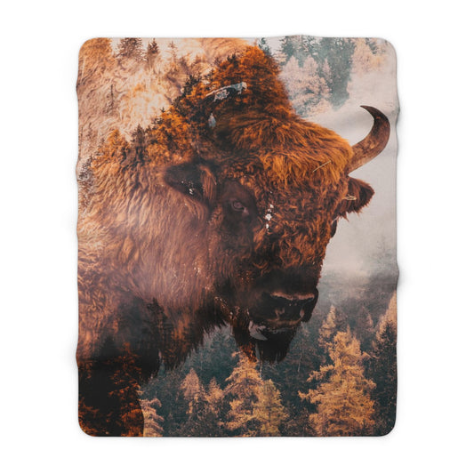 Double Exposure of Bison in the fog Sherpa Fleece Blanket