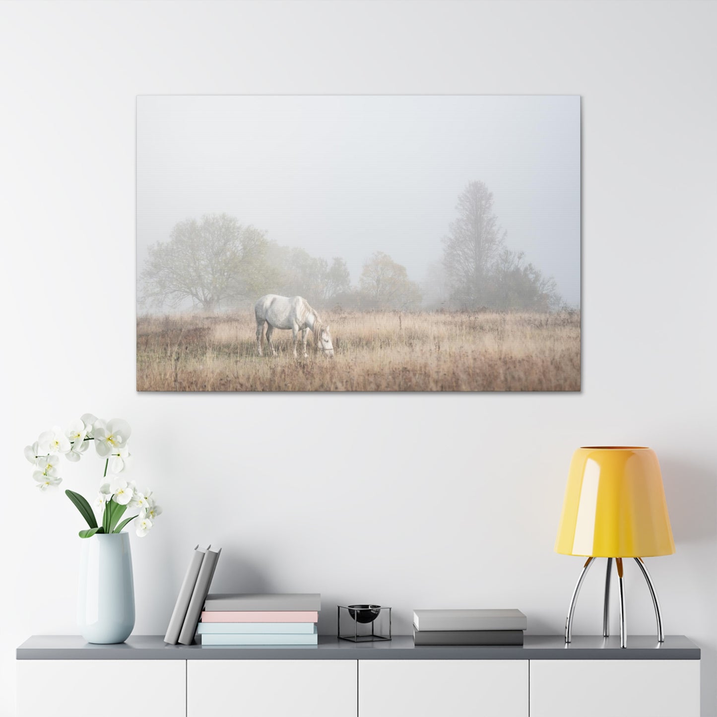 White Horse Foggy Meadow - Canvas
