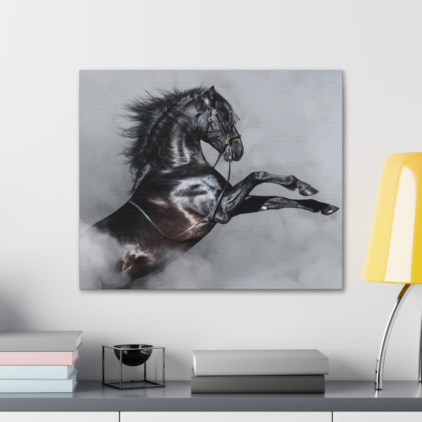 Black Horse rearing in Fog - Canvas