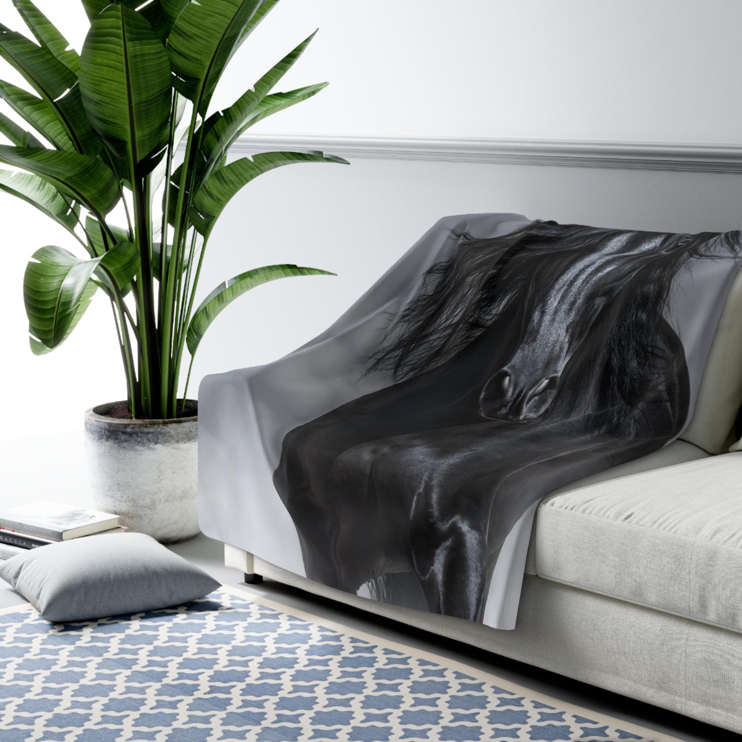 Black and White Black Stallion Sherpa Fleece Blanket for Home