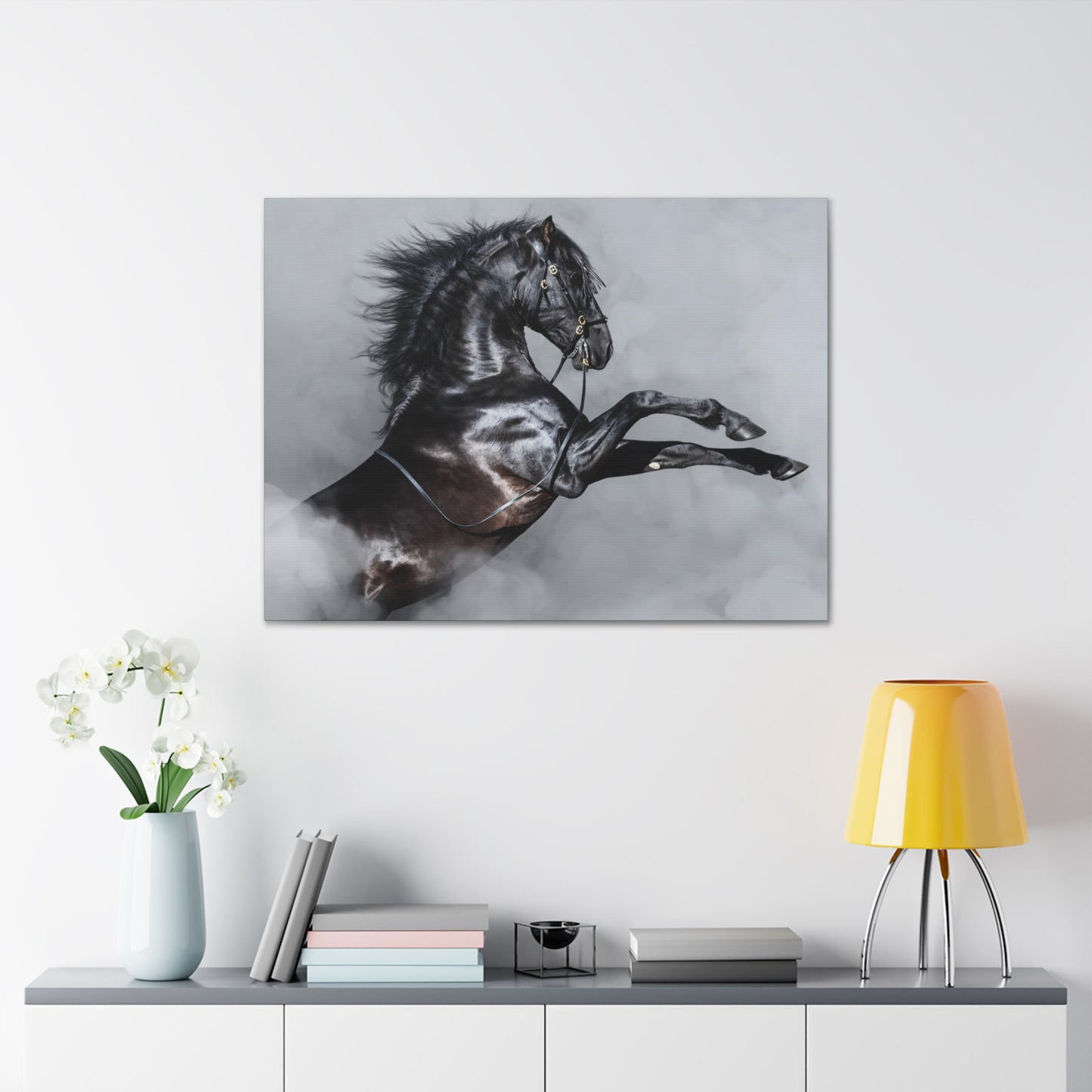 Black Horse rearing in Fog - Canvas