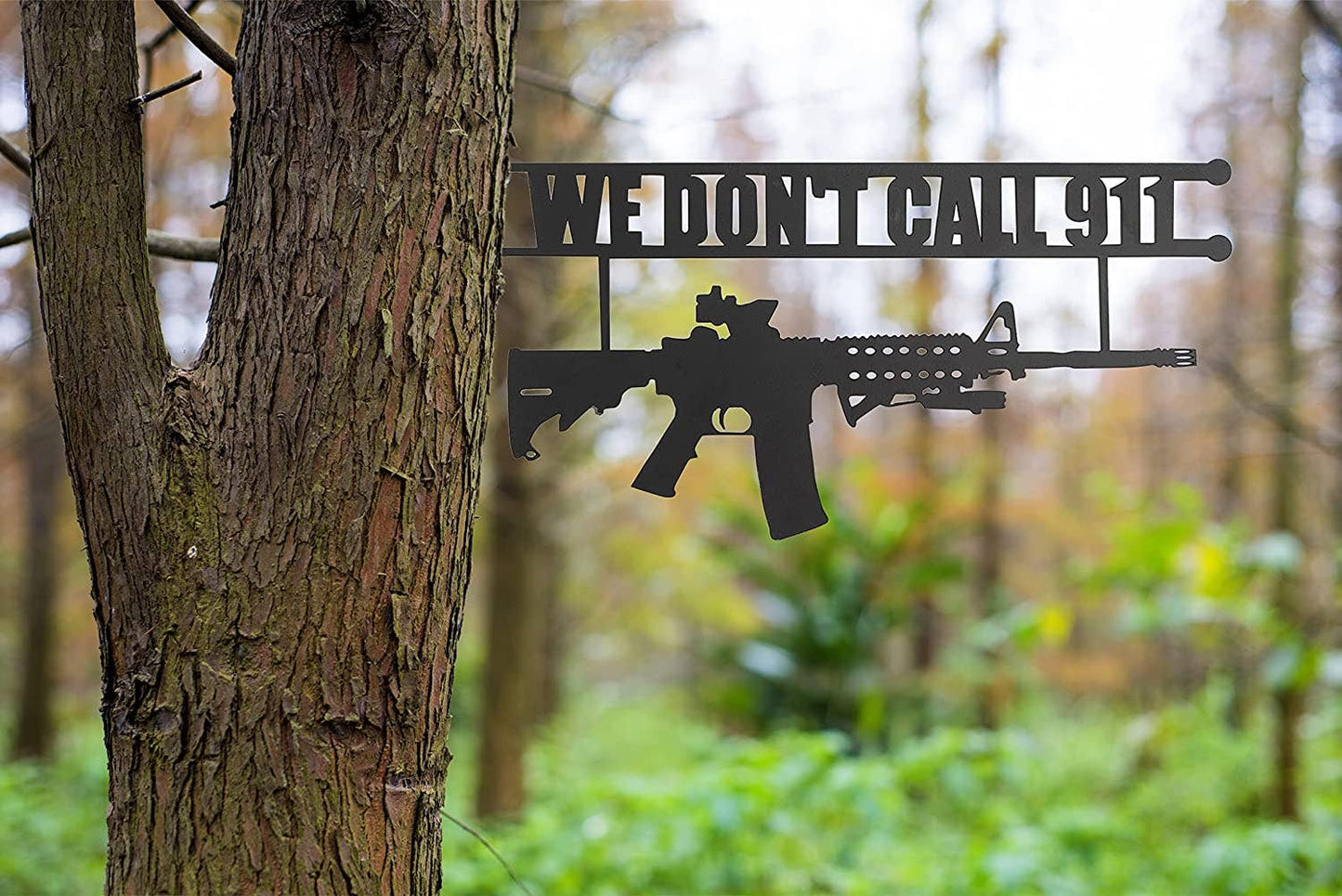Metal No Trespassing Sign "We Don't Call 911" Gun Metal Door