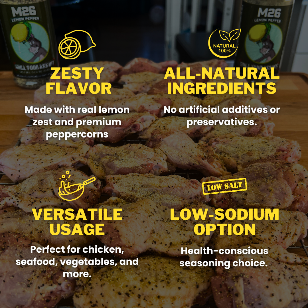 M26 Lemon Pepper Seasoning – Bold Citrus & Pepper Blend Grill Your Ass Off - Spices, Rubs, Seasonings, Sauces, Jerky