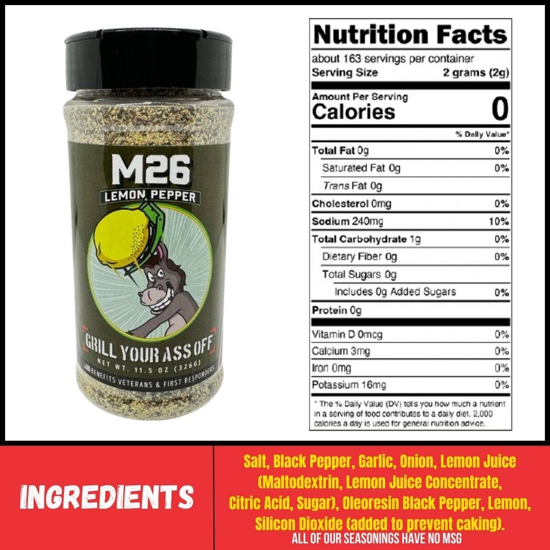 M26 Lemon Pepper Seasoning – Bold Citrus & Pepper Blend Grill Your Ass Off - Spices, Rubs, Seasonings, Sauces, Jerky