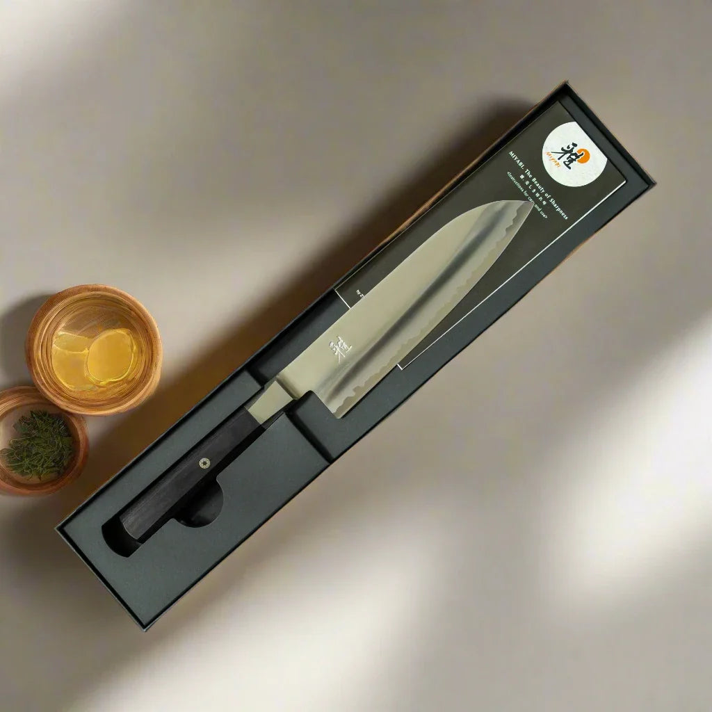 MIYABI 4000 FC 7-Inch Santoku Knife – Black Handle Ginza Steel