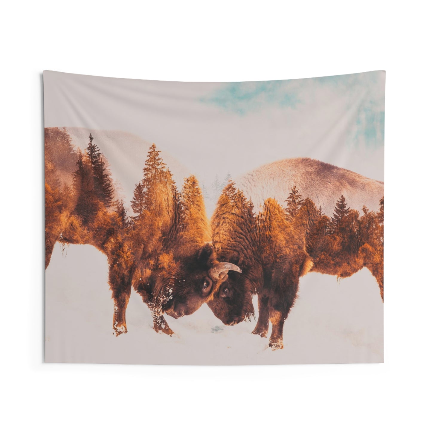 Double Exposure Buffalo in the wild Indoor Wall Tapestries