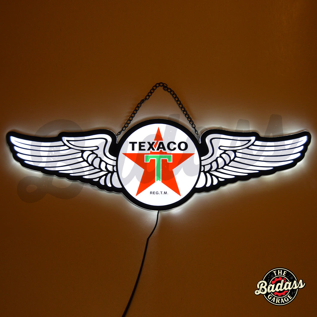 Texaco Wings 31″ Contour Shape Slim LED Lighted Hanging Wall Sign – White with Red Star Logo