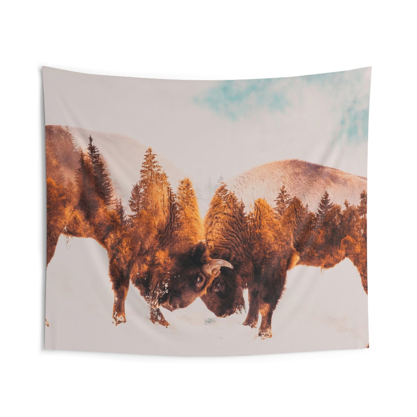 Double Exposure Buffalo in the wild Indoor Wall Tapestries