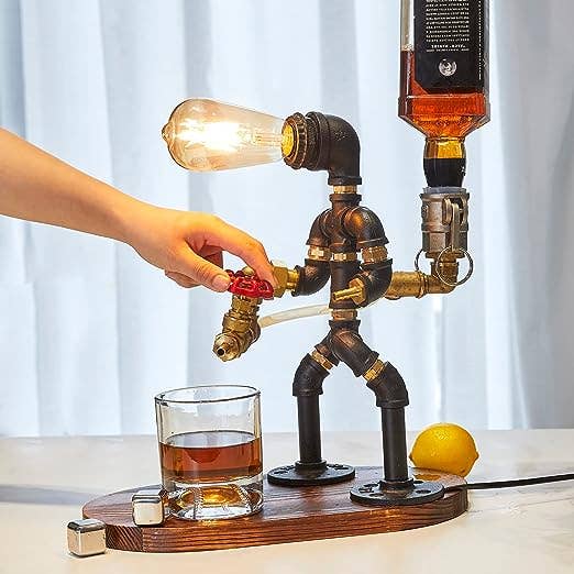 Steampunk Handcrafted Liquor Dispenser - Pipe Robot Lamp The Wine Savant / Khen Glassware