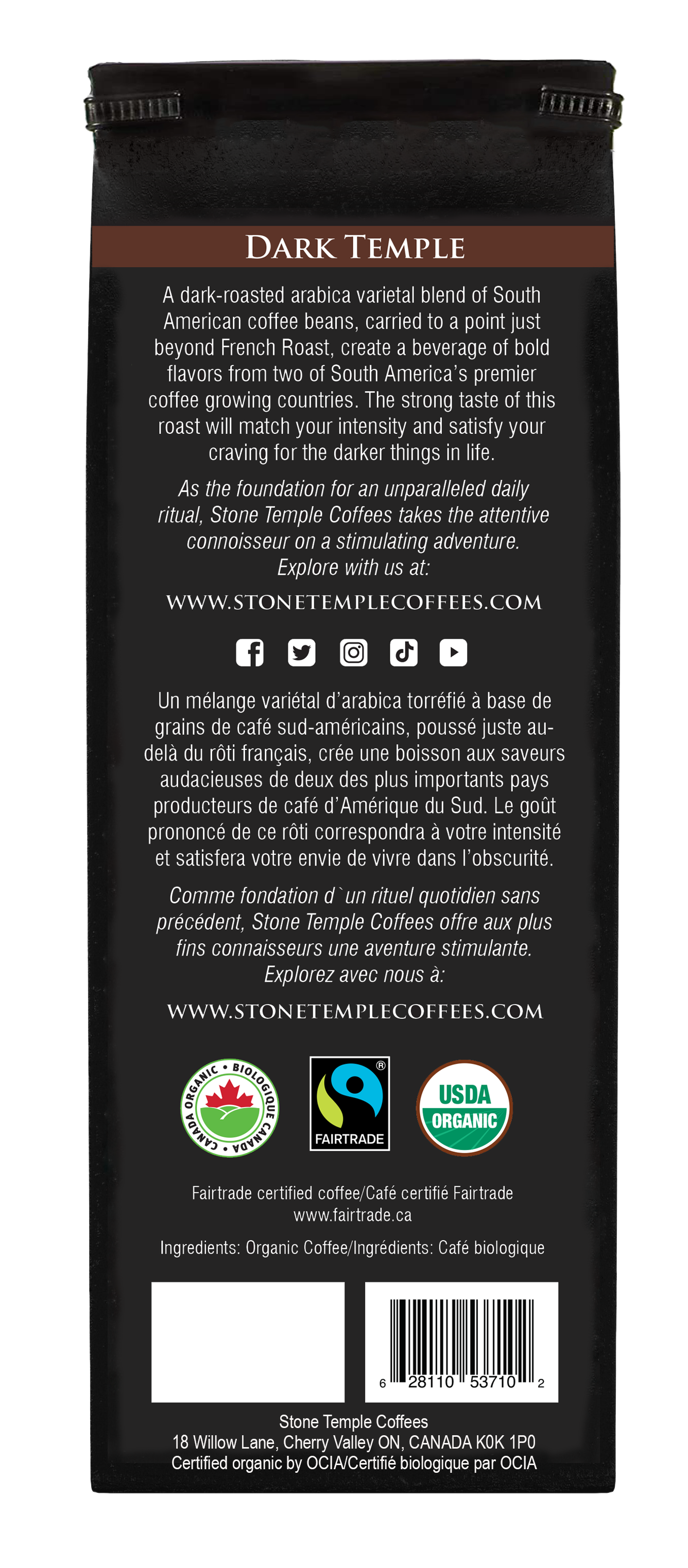 Dark Temple - Ground, Dark French Roast, Certified Organic OCIA/ Fairtrade Coffee 1lb/ 454g