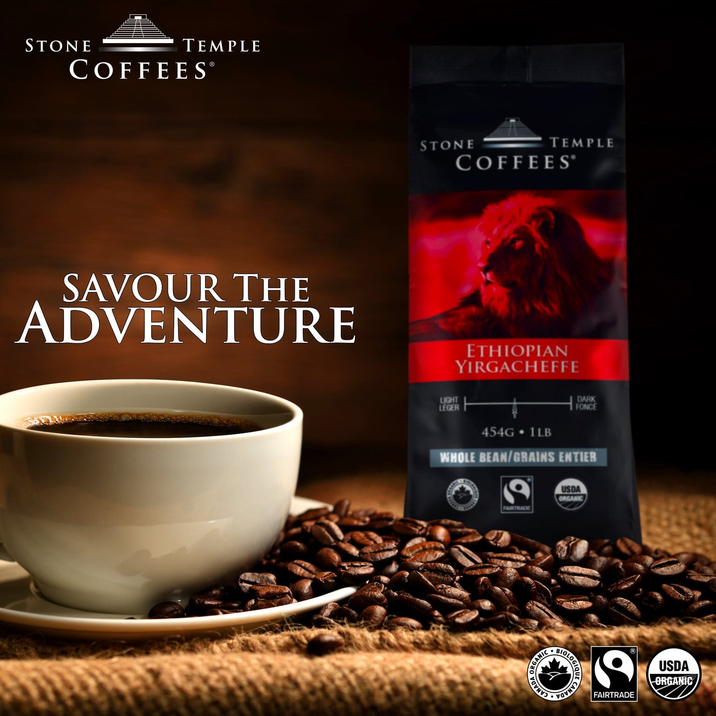 Ethiopian Yirgacheffe - Whole Bean, Medium Roast, Certified Organic OCIA/ Fairtrade Coffee 1lb/454g