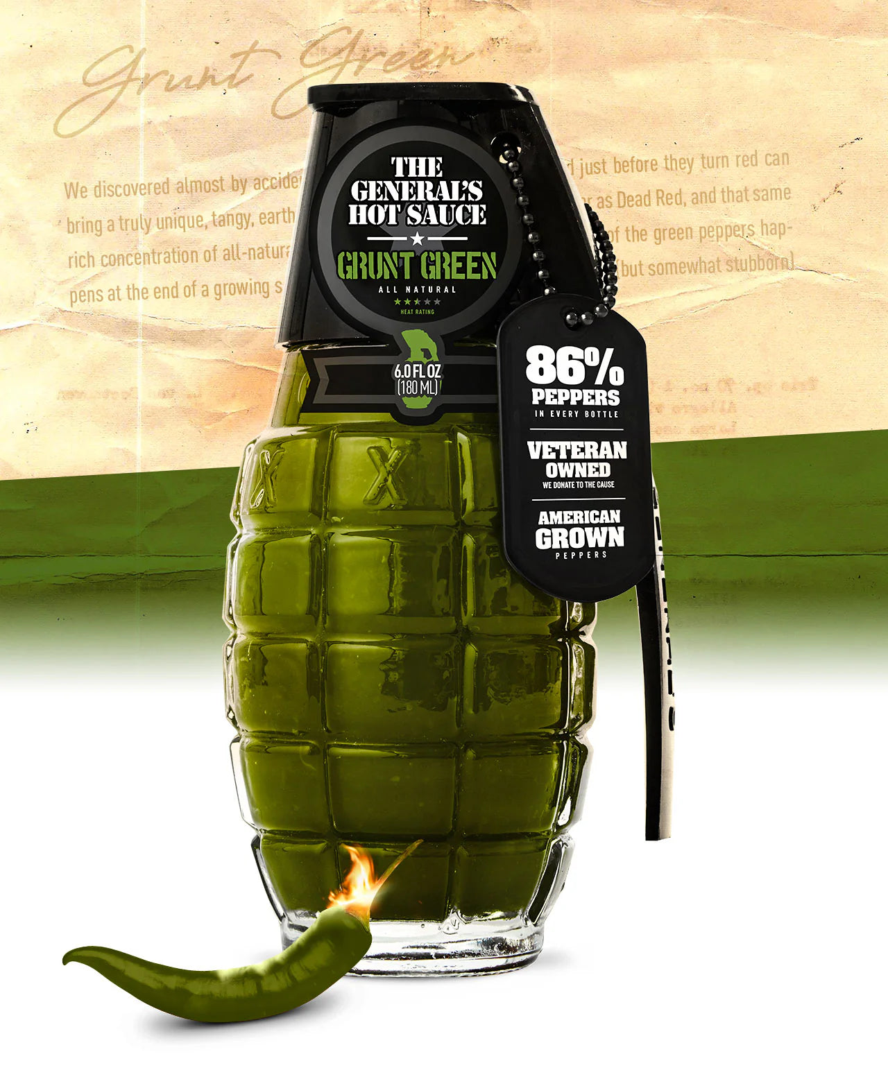 The Generals Grunt green grenade hot sauce