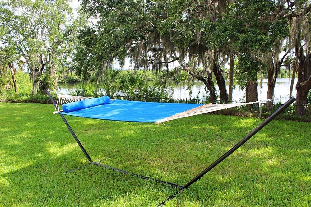 Olefin Double Quilted Hammock with Matching Pillow with 3-Beam Stand Hammock Universe Canada