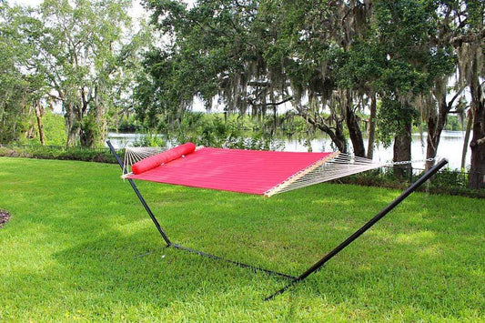 Olefin Double Quilted Hammock with Matching Pillow with 3-Beam Stand Hammock Universe Canada
