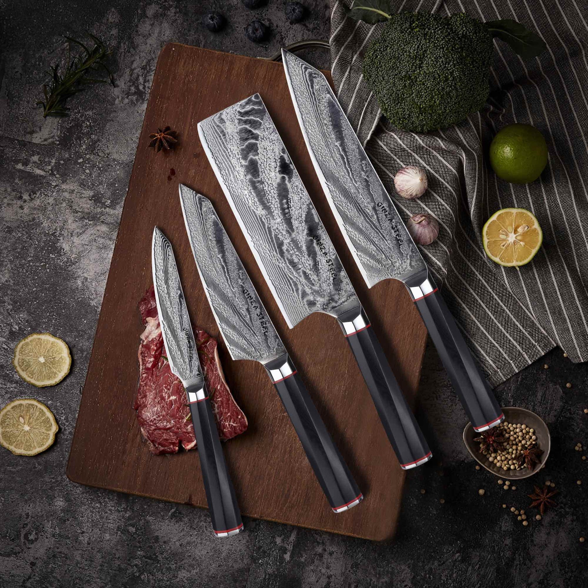 KATANA FIVE | Essential 5 pcs Knife set | 4 Knives with Magnetic Wood Block Ginza Steel