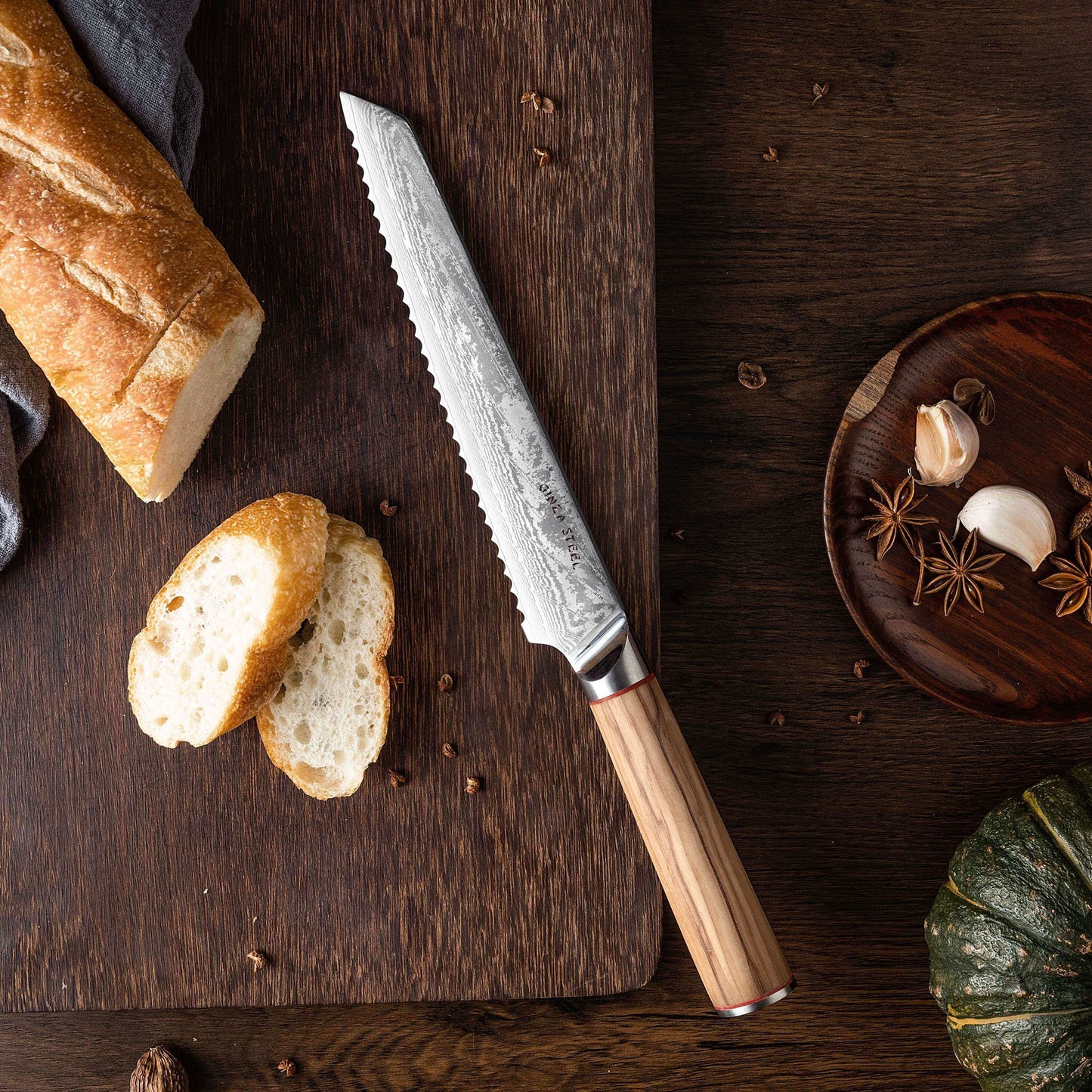 MIA Z | BREAD KNIFE 8" Damascus AUS10 Steel 67 Layer / Olive Wood handle Ginza Steel