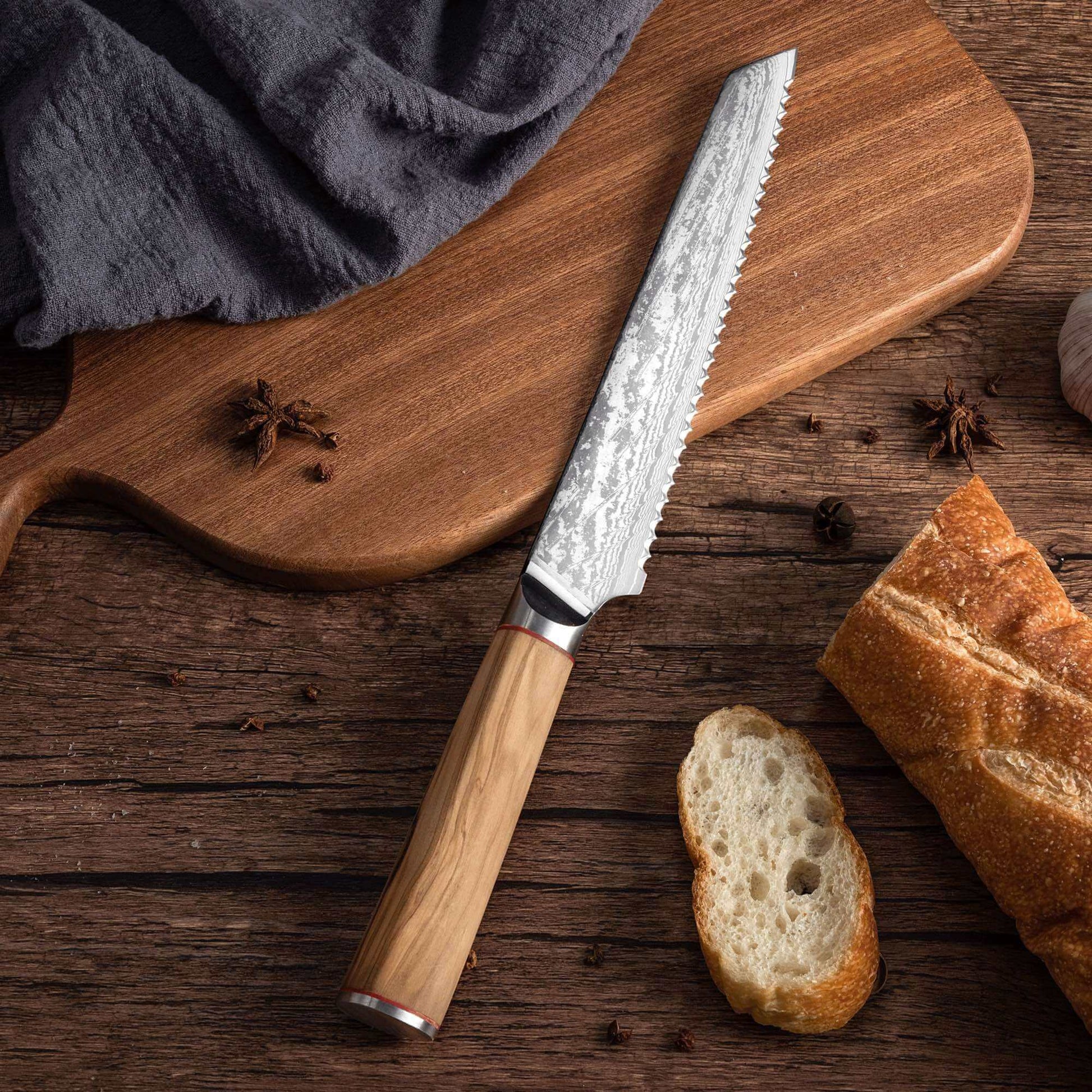 MIA Z | BREAD KNIFE 8" Damascus AUS10 Steel 67 Layer / Olive Wood handle Ginza Steel