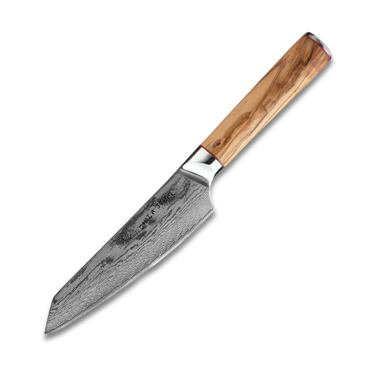 Ginza Steel MIA 17 Chef Knife 6.5” – Damascus AUS10 Steel, 67-Layer, Olive Wood Handle Ginza Steel