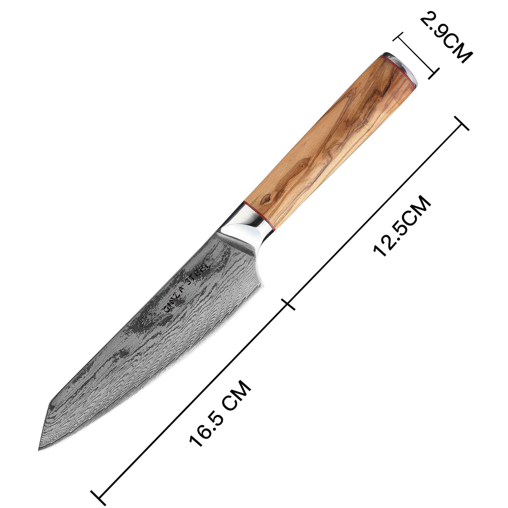 Ginza Steel MIA 17 Chef Knife 6.5” – Damascus AUS10 Steel, 67-Layer, Olive Wood Handle Ginza Steel