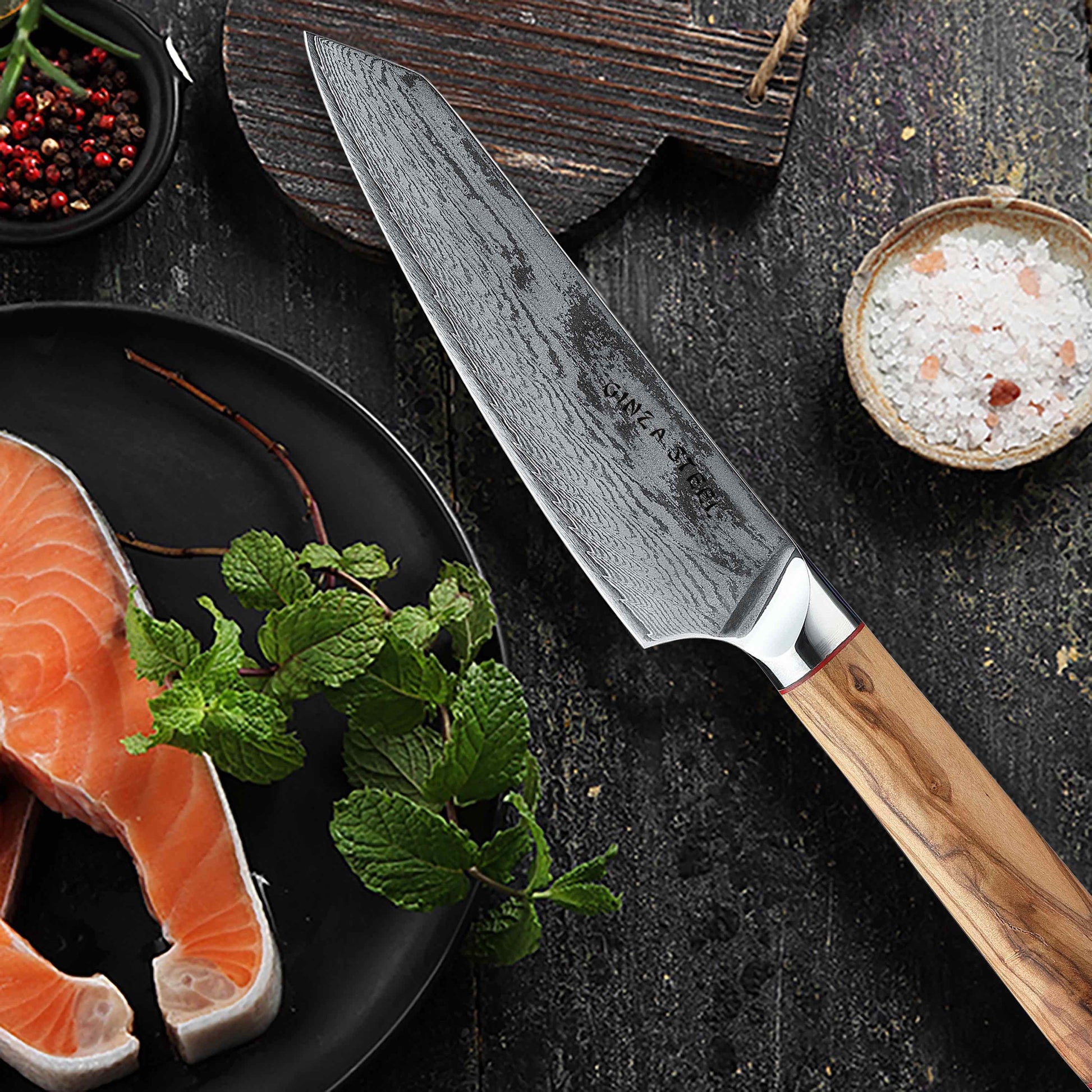 Ginza Steel MIA 17 Chef Knife 6.5” – Damascus AUS10 Steel, 67-Layer, Olive Wood Handle Ginza Steel