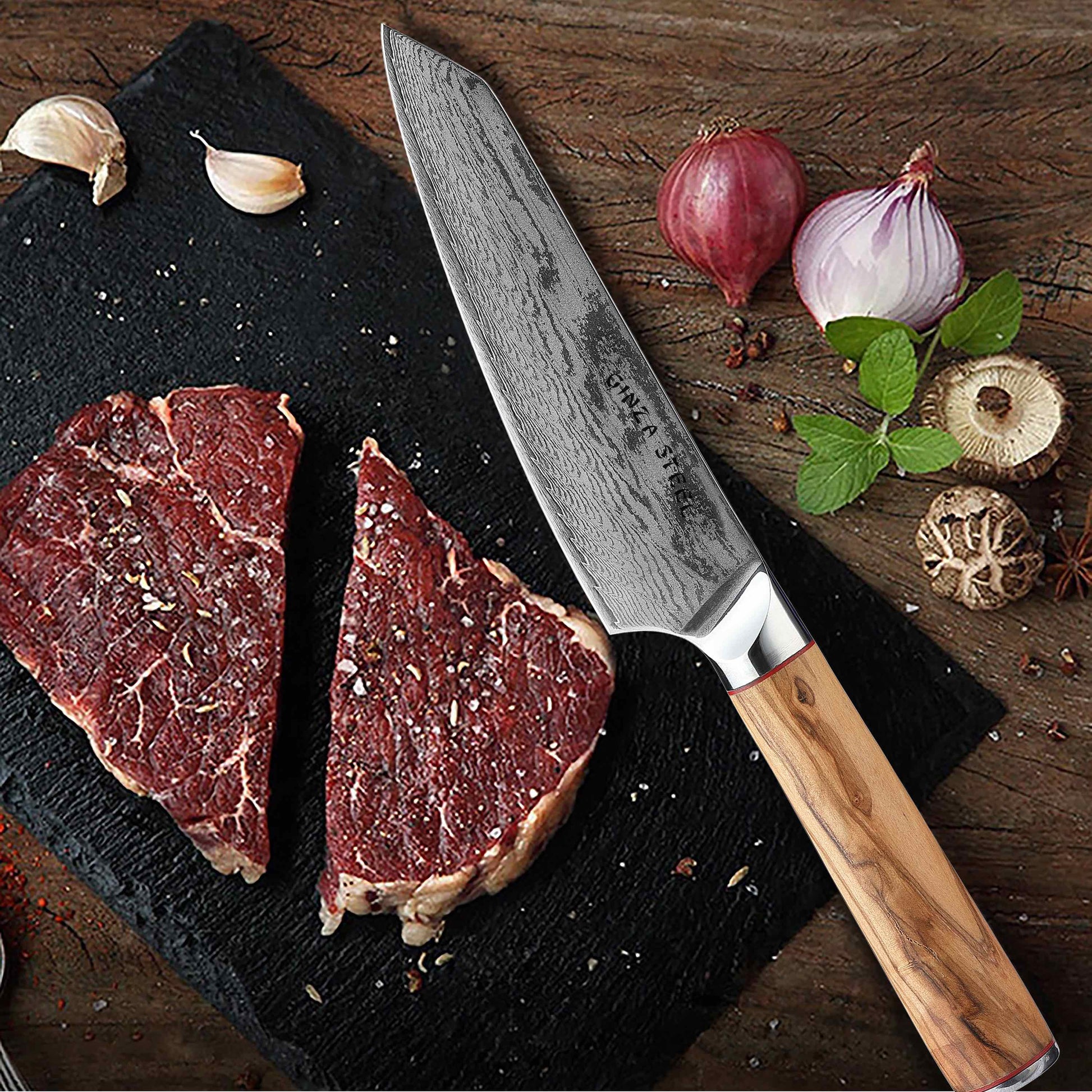 Ginza Steel MIA 17 Chef Knife 6.5” – Damascus AUS10 Steel, 67-Layer, Olive Wood Handle Ginza Steel