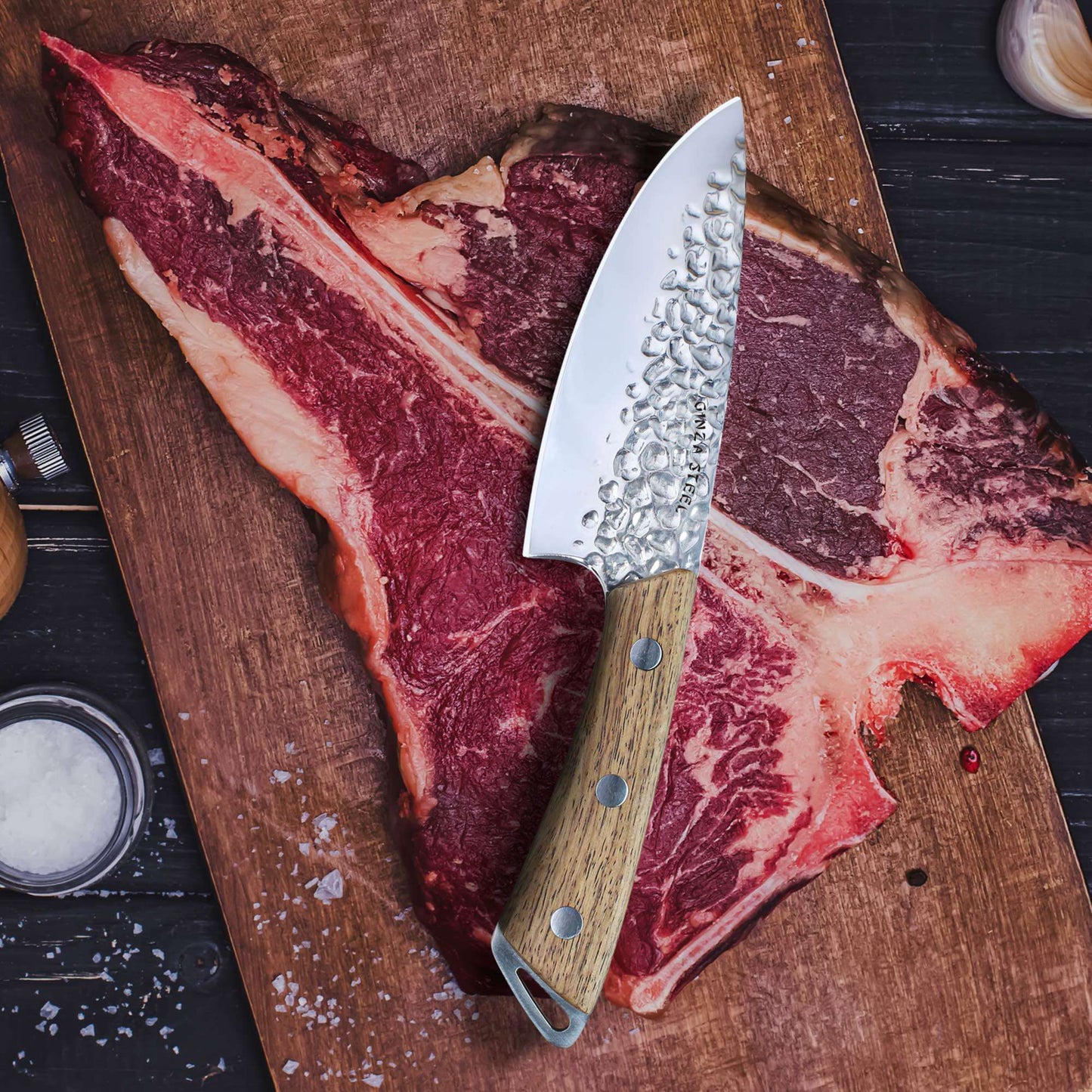 SHINOBI | Chef Knife 5-inch AUS8 hammered blade with Wood handle Ginza Steel