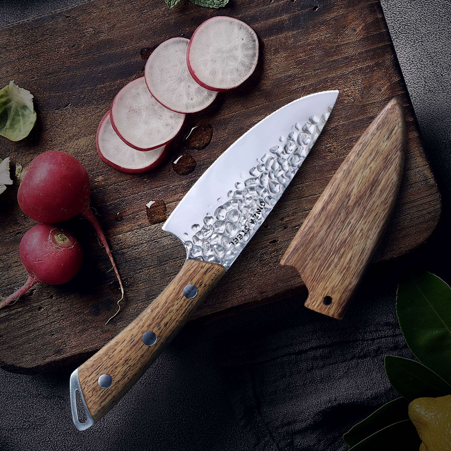 SHINOBI | Chef Knife 5-inch AUS8 hammered blade with Wood handle Ginza Steel