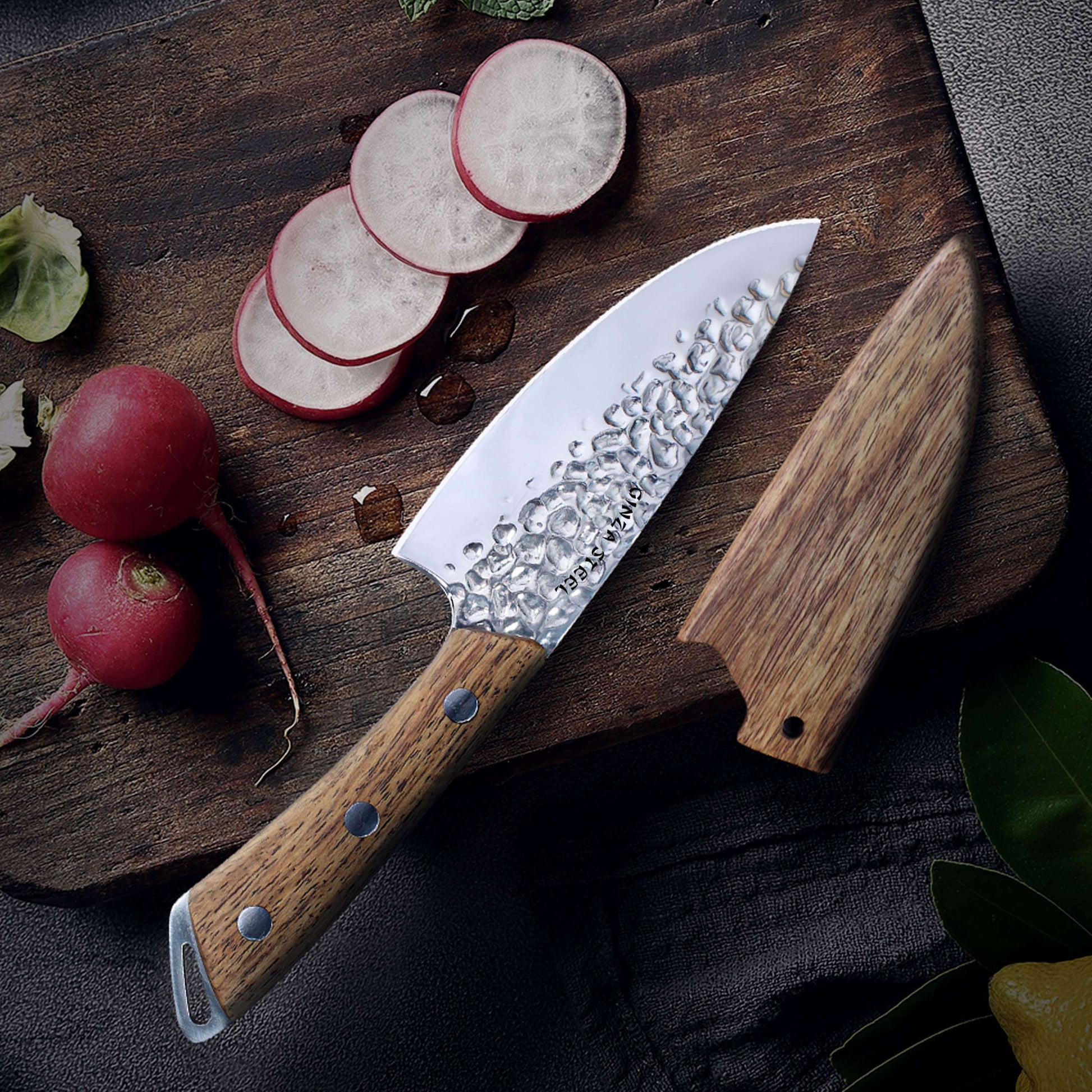 SHINOBI | Chef Knife 5-inch AUS8 hammered blade with Wood handle Ginza Steel