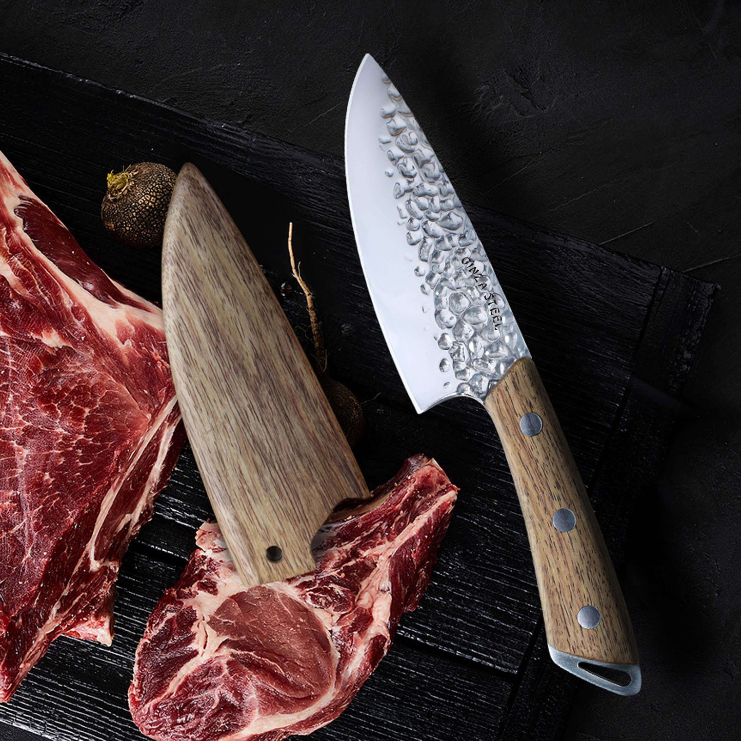SHINOBI | Chef Knife 5-inch AUS8 hammered blade with Wood handle Ginza Steel